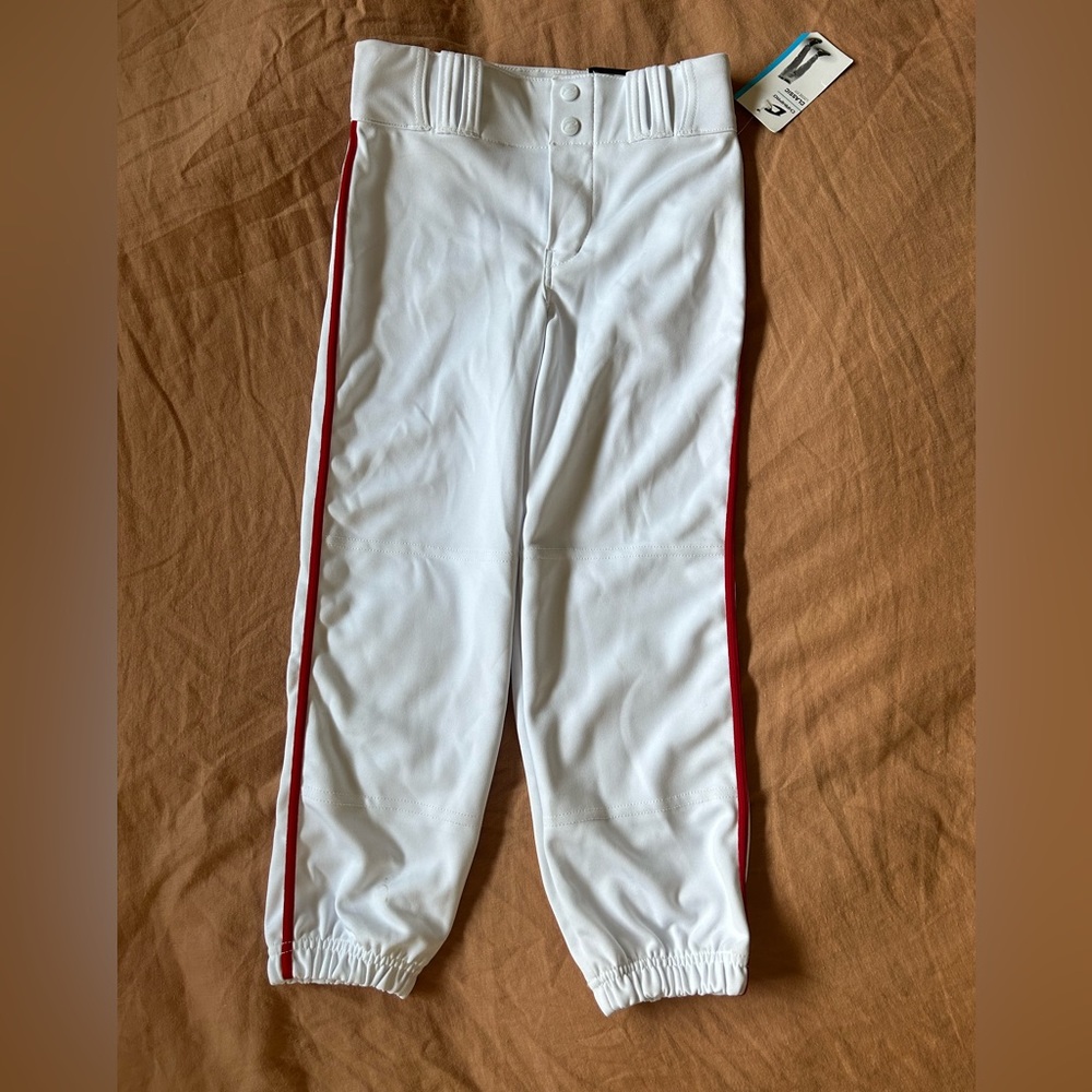 Kid’s white baseball pants with red piping